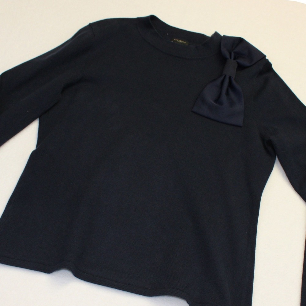 Ann Taylor Factory Navy Blue Long Sleeve Sweater with Shoulder Bow Accent